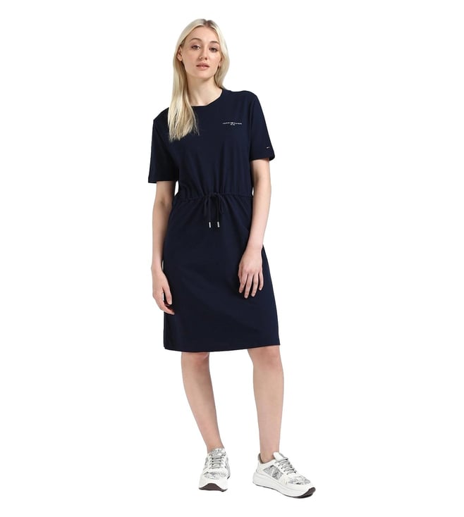 Navy Cotton Solid A-Line Dress