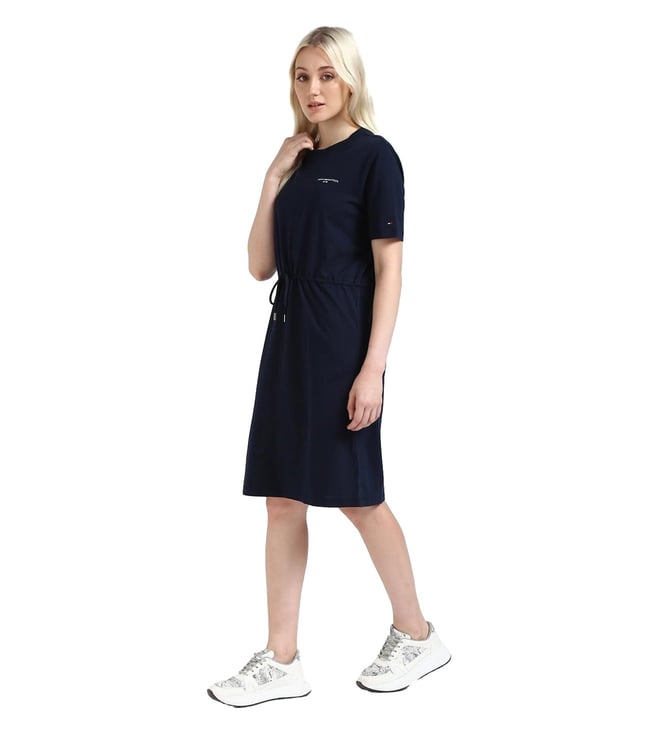 Navy Cotton Solid A-Line Dress