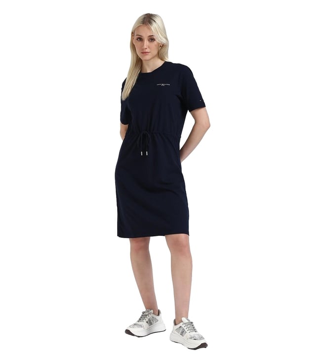 Navy Cotton Solid A-Line Dress