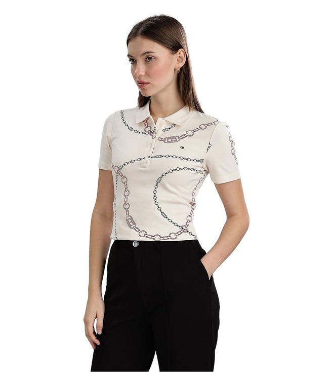 Beige Organic Cotton Printed Polo T-Shirt