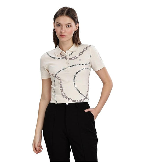 Beige Organic Cotton Printed Polo T-Shirt