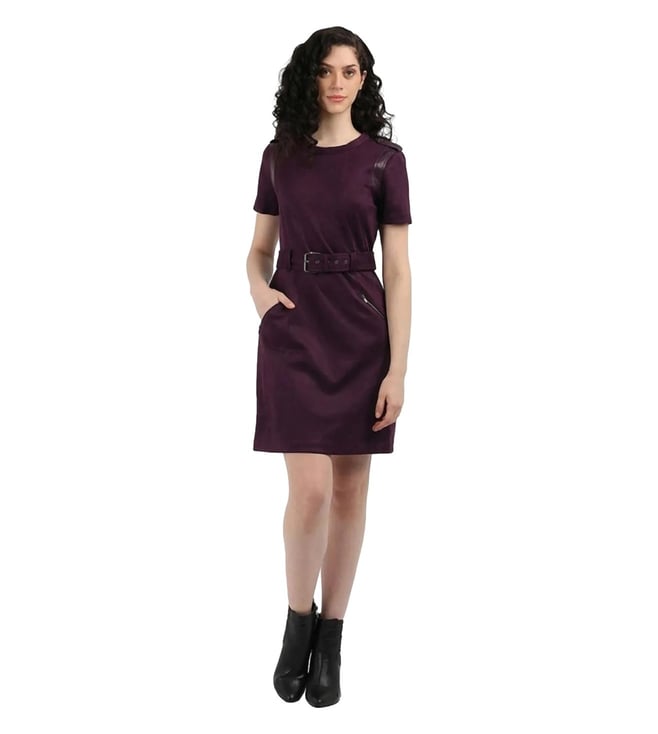 Purple Polyester Round Neck Shift Dress