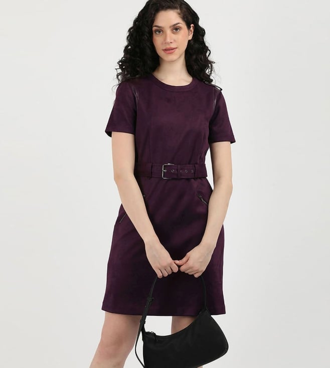 Purple Polyester Round Neck Shift Dress