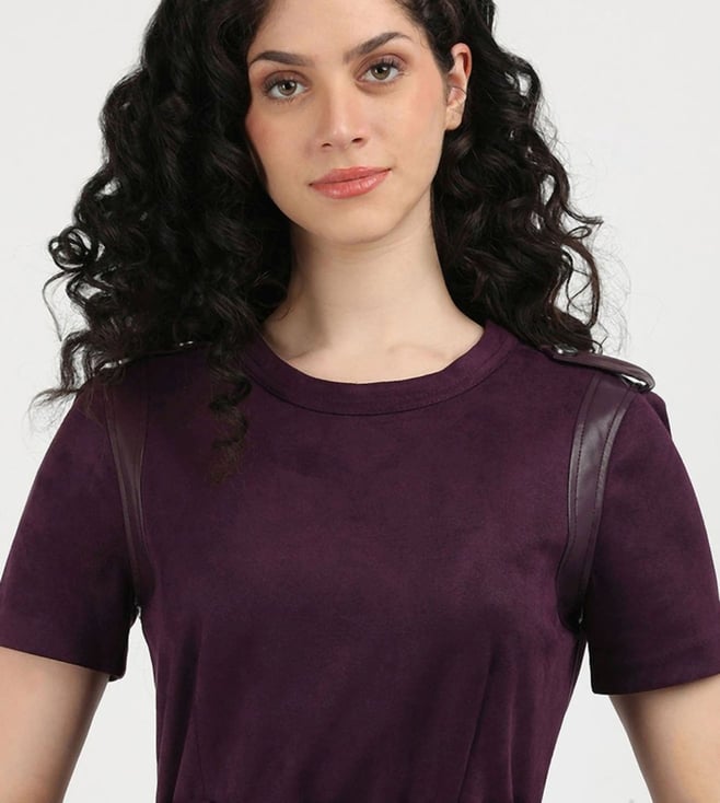 Purple Polyester Round Neck Shift Dress
