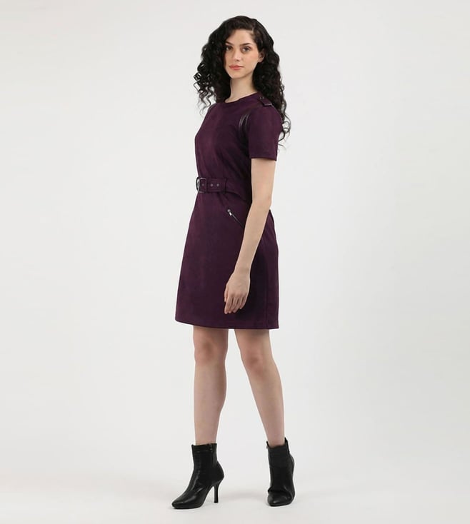 Purple Polyester Round Neck Shift Dress