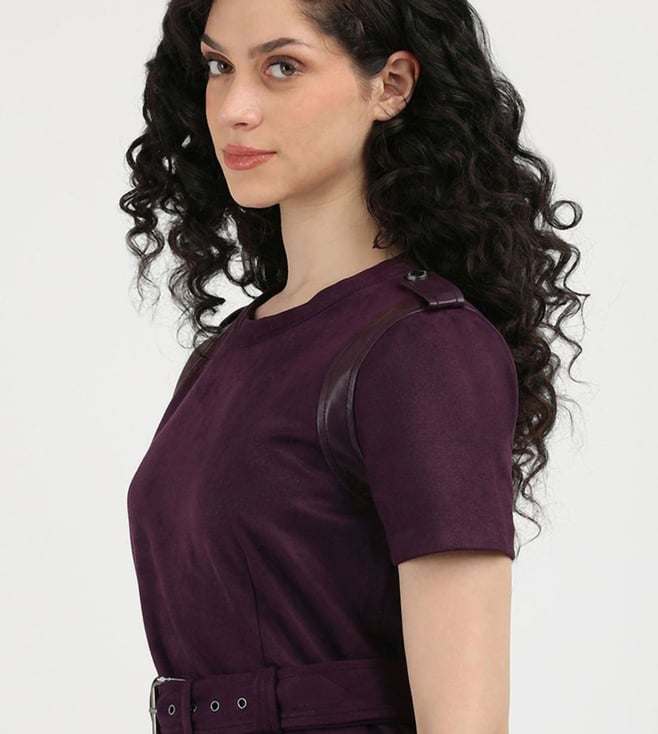 Purple Polyester Round Neck Shift Dress