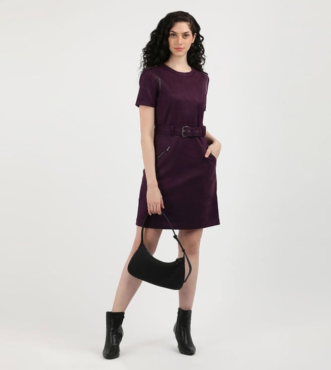 Purple Polyester Round Neck Shift Dress