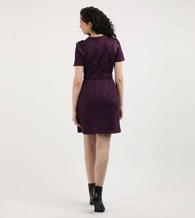 Purple Polyester Round Neck Shift Dress